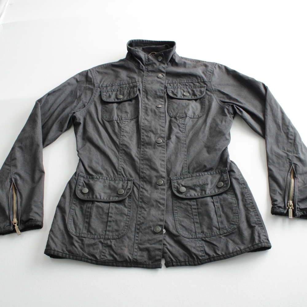 Barbour Waxed Cotton Utility Field Jacket Black Tartan Lining Size 4 Heritage We